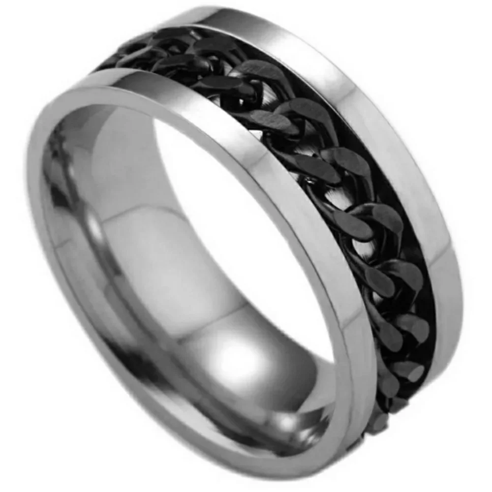 NEW Black and Silver Men's Stainless Steel Spinning Chain Link Ring